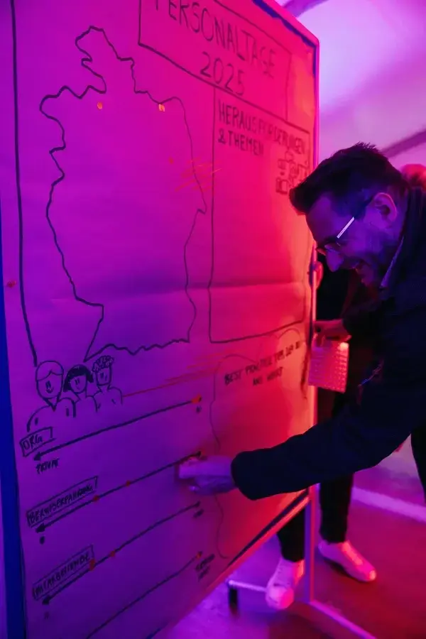 Ein Teilnehmer klebt einen Sticker an das Post-It-Board